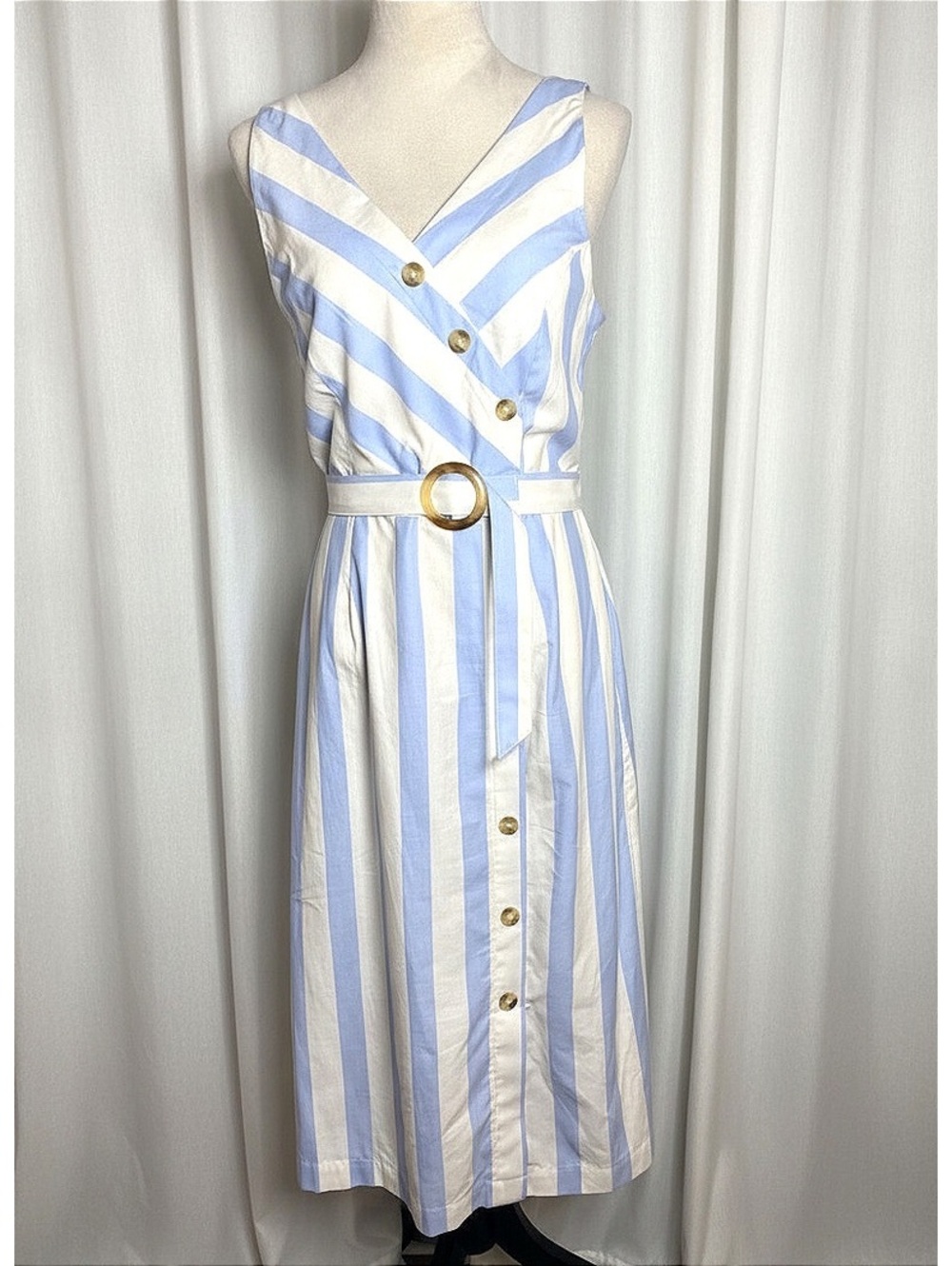Alex Marie Blue White Stripe Belted Midi Dress Size 6 Cotton Blend
